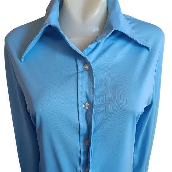 Vintage Womens Medium Blouse 1970's Shirt Stretch Polyester Baby Blue Collared - Picture 1 of 8